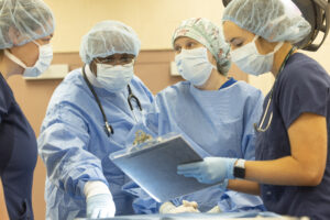 (L-R) Graduate student Sarah Schantz, Professor Franklin West, Savannah Cheek and graduate student Madison Fagan in the surgery suite of the Edgar Rhodes Center for animal and Dairy Science.